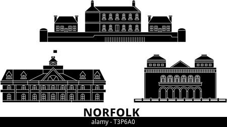 United States, Norfolk flat travel skyline set. United States, Norfolk black city vector illustration, symbol, travel sights, landmarks. Stock Vector