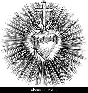 Antique vector drawing or engraving of classic grunge vintage decorative illustration of Christian heart with cross, flames and crown of thorns.From book Die Betrubte Und noch ihrem Beliebten Geussende Turteltaube, printed in Prague, Austrian Empire, 1716. Stock Vector