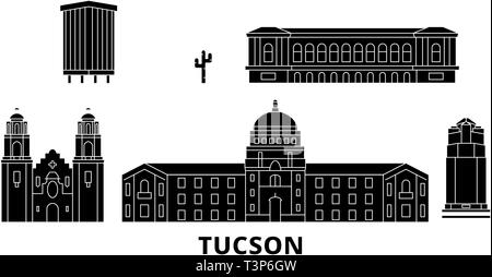 United States, Tucson flat travel skyline set. United States, Tucson black city vector illustration, symbol, travel sights, landmarks. Stock Vector