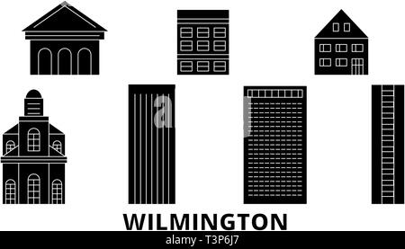 United States, Wilmington flat travel skyline set. United States, Wilmington black city vector illustration, symbol, travel sights, landmarks. Stock Vector