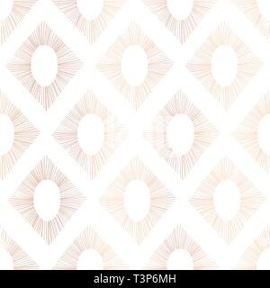 Copper foil Ikat seamless vector pattern. Abstract rhombus shapes repeating background rose gold on white Stock Vector