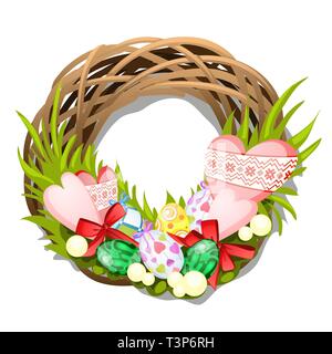 Easter braided wreath of twigs with eggs and hearts isolated on white background. Vector cartoon close-up illustration. Stock Vector