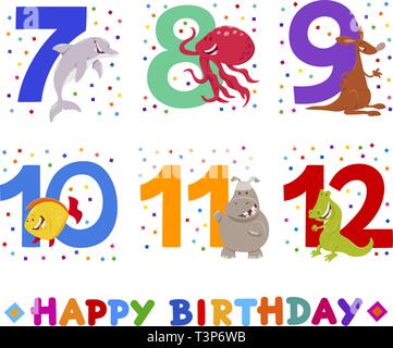 Cartoon Illustration Design of the Birthday Greeting Cards Set for Children with Cute Animals Stock Vector