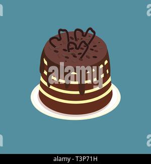 Whole chocolate vanilla sponge cake. cake on a platter. Isometric dark chocolate cake with confiture, with sprinkle. Puff dessert with cream for cafes Stock Vector