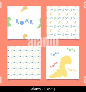 Funny yellow dinosaur. One seamless pattern for decoration of textiles, clothes, parties, birthday invitations. Yellow, green silhouette Dino and the Stock Vector