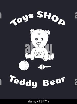 Toy teddy bear in overalls with a ball and rattle. Silhouette sticker. Suitable for window dressing of children's stores, play areas, cutting on a Stock Vector