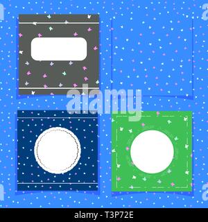 Set of cute cards with butterflies on a blue background. One seamless background and three templates for spring or summer cards, banners, packaging Stock Vector