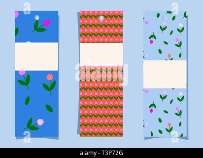 A set of bookmarks. Simple cute tulip pattern on blue and orange background. Tags, labels with floral print. Colorful flyers with place for text Stock Vector