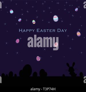 Funny and Colorful Happy Easter greeting card with silhouette of rabbit, bunny,eggs illustration, stars and text. can use for easter day banner and sp Stock Vector