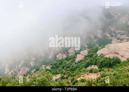 Hazy unusual mountains with green trees and cloudy sky near Montserrat Monastery,Spain. Catalonia Stock Photo