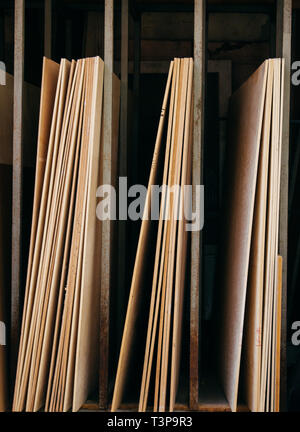 Large rectanguler wood panels stacked up together in display Stock Photo