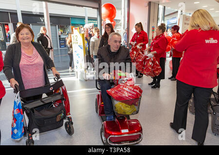 10 April 2019 Grand opening of new WILKO store. The Wilko store in Warrington, Cheshire, England has moved from The Cockhedge Centre into the modern G Stock Photo