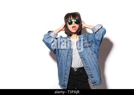 Closeup Woman Casual Outfits Standing In Jeans And Blue Denim Shirt Women Brown Hair And Short Smiling And Wearing Sunglasses Stock Photo Alamy