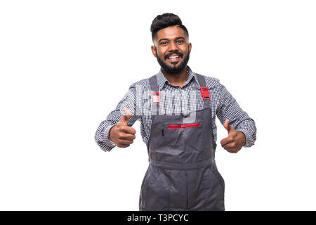Handsome repairman wearing coveralls isolated on white Stock Photo