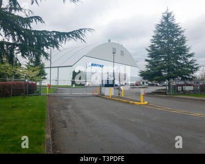 Portland, Oregon - April 2019: Entrance to boeing paint facility where brand new planes are painted in airline liveries. Stock Photo