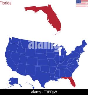 The State of Florida is Highlighted in Red. Blue Vector Map of the United States Divided into Separate States. Stock Vector