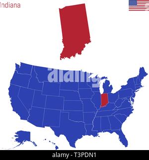 The State of Indiana is Highlighted in Red. Blue Vector Map of the United States Divided into Separate States. Stock Vector