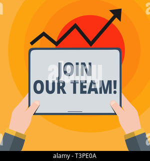 Word writing text Join Our Team. Business photo showcasing inviting someone into your local group or company Hand Holding Blank Screen Tablet under Bl Stock Photo