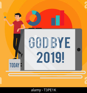 Word writing text God Bye 2019. Business photo showcasing express good wishes when parting or at the end of last year Man Leaning on Blank Smartphone  Stock Photo