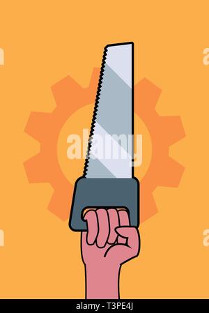 hand holding saw gear labour day vector illustration Stock Vector