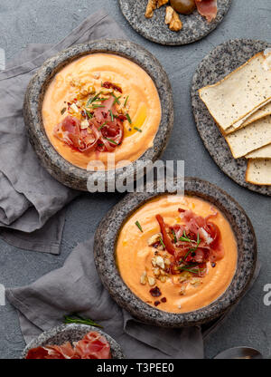 Spanish cold tomato soup Salmorejo. Traditional tomato soup with white bread and olive oil. Stock Photo