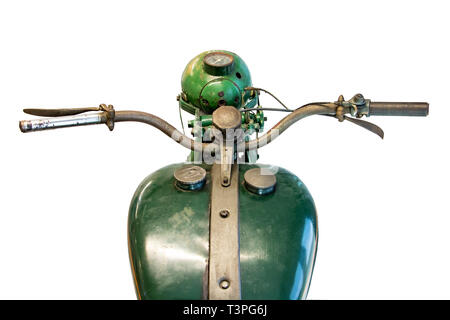 Old green motorcycle, handlebars with cistern. Retro motorbike isolated on white background. Stock Photo