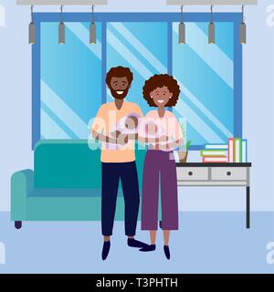 couple carrying babys avatar cartoon character indoor in the house vector illustration graphic design Stock Vector