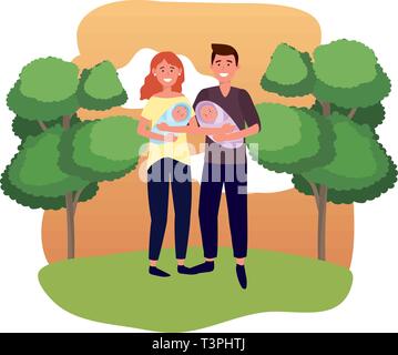 couple carrying babys avatar cartoon character outdoor in the park vector illustration graphic design Stock Vector