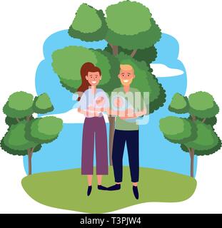 couple carrying babys avatar cartoon character outdoor in the park vector illustration graphic design Stock Vector