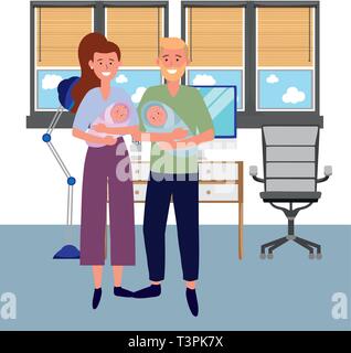 couple carrying babys avatar cartoon character indoor studio office vector illustration graphic design Stock Vector