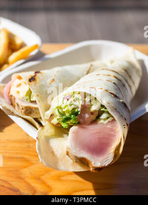 Hand-roll style albacore tuna tacos and chips from Red Fish Blue Fish Restaurant in Victoria, British Columbia, Canada. Stock Photo
