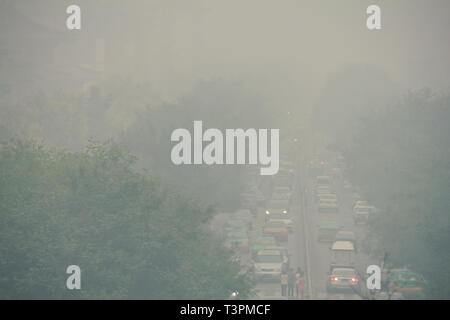 Traffic jam and smog in xi'an Central Business District Stock Photo