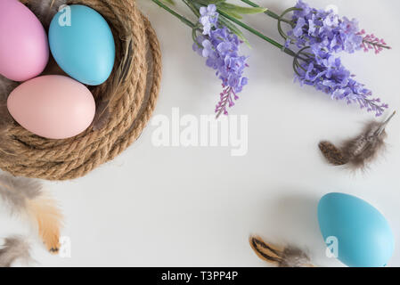 Pastel Easter eggs in nest with flowers and feathers on white background Stock Photo