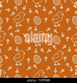 Seamless pattern with chicken, traces of chicken, decorated eggs. Happy Easter. Festive background. Design for banner, poster or print. Stock Vector