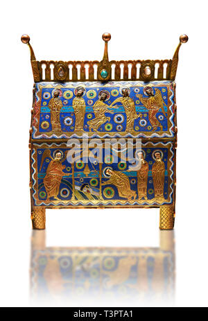 Gothic chest decorated with the Resurection of Christ from Limoges Circa 1220. Engraved copper with inlaid enamel  enamel champlevé and glass on woode Stock Photo