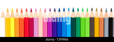 Closeup of color pencils isolated on a white background. Studio Shot. Top View Stock Photo