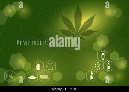 Hemp products concept. Icons with oil, textiles and medicines on the background of a cannabis leaf. Vector Stock Vector