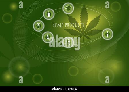 Hemp products concept. Icons with oil, textiles and medicines on the background of a cannabis leaf. Vector Stock Vector