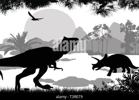 Dinosaurs silhouettes in beautiful landscape, vector illustration Stock Vector