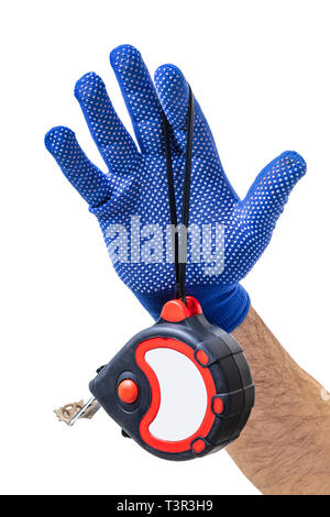 construction tool, tape measure in male hand on white isolated background Stock Photo