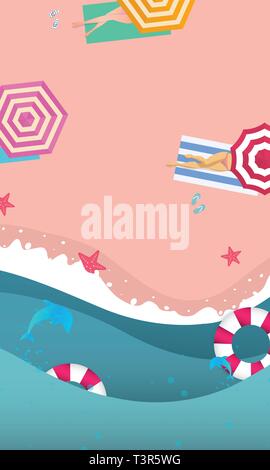 Summer sale banner design with paper cut tropical beach top view background. Stock Vector