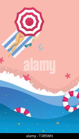 Summer sale concept banner. Tropical beach in paper art style. Top view paper cut illustration. Stock Vector