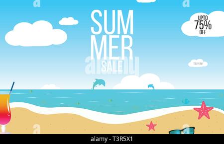 Summer sale vector background with a beach, sea waves, tropical leaves, fruits, text. Stock Vector