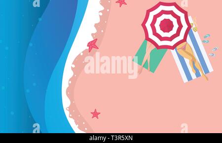 top view beach background with umbrellas,balls and sea. Stock Vector