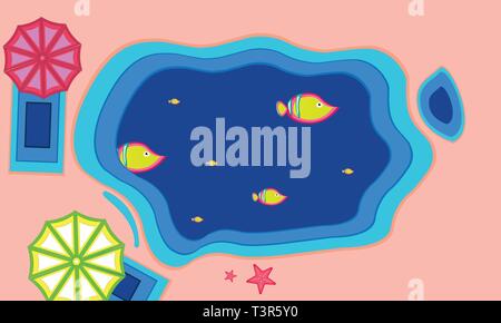 Paper cut and craft style beach and sea top view. Stock Vector