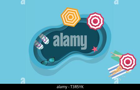 Tropical beach in paper art style. Vector top view paper cut illustration. Stock Vector