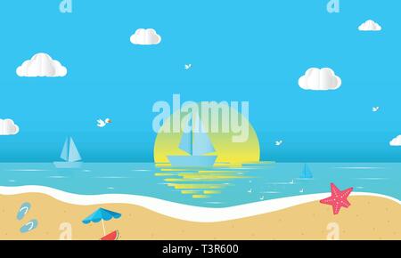 Sea view in summer with water play equipment placed on the beach. view of the blue sea. summer time. sea with beach. Stock Vector