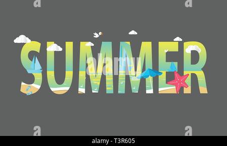 Summer text vector banner design with colorful tropical beach elements background Stock Vector