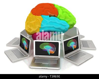Computers connected to central brain. 3d render Stock Photo