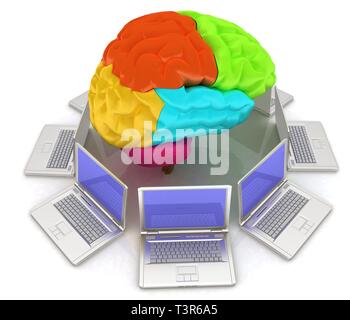 Computers connected to central brain. 3d render Stock Photo
